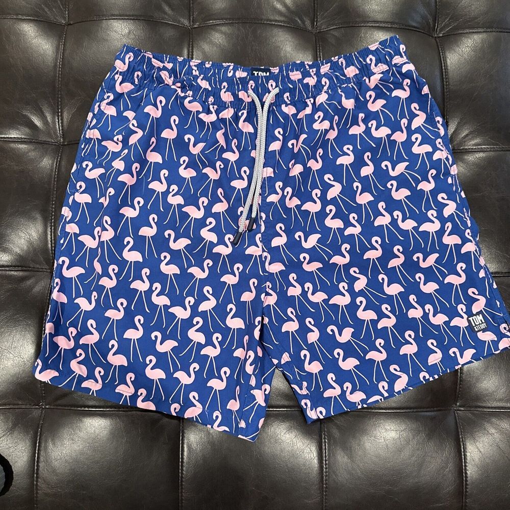 TOM & TEDDY Men Size XXL Flamingo Classic Swim Shorts Blue Pink Drawcord‎ UPF 50